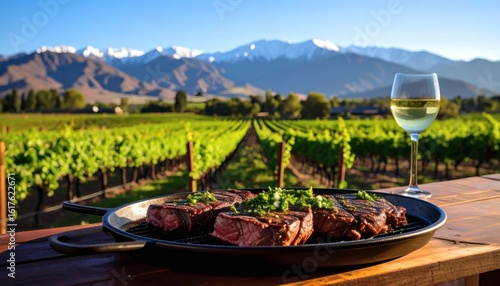 Argentinian steak with chimichurri on a grill plate, with backdrop of the Andes mountains and vineyards in Mendoza