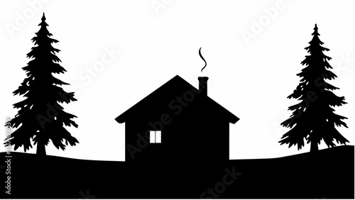 Silhouette of a house with smoke coming from the chimney between two coniferous trees on a hill