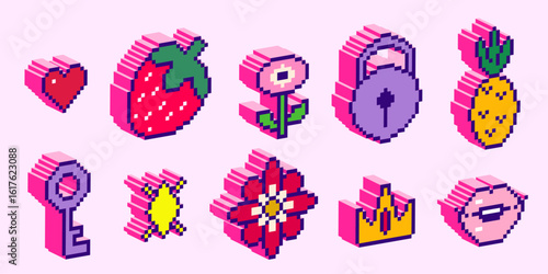 Isometric pixel art icons in 3d style - purple lock and red heart, strawberry, lips and purple key,, daisy flower, pineapple, golden crown and star twinkle for retro gaming interface design elements.
