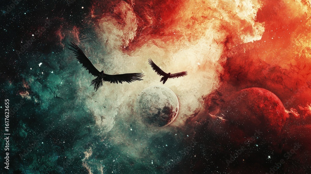 Fototapeta premium Two birds soar through a vibrant cosmic landscape.