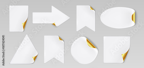 White paper stickers with gold corner peels - blank labels, arrow banner, rectangle shapes, triangle and circle, oval tags. Adhesive promotional badges for marketing, price tags and sale announcement