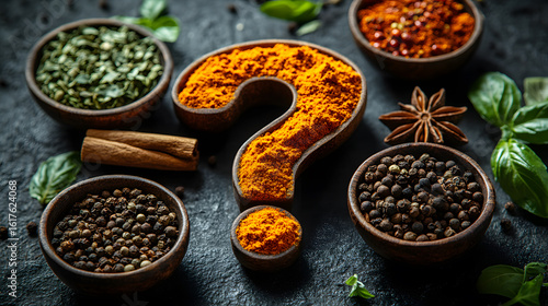 Colorful assortment of spices arranged in bowls with question mark as focal point, hinting at culinary mystery and flavor exploration