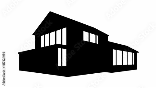 Silhouette of a modern house with multiple windows and a gabled roof against a white background view