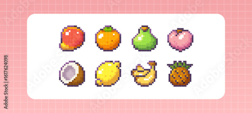 Pixel art fruit set - retro 8 bit style mango and orange, pear and peach, coconut with lemon, banana bunch near pineapple icons. Colorful gaming food for mobile apps, indie games or digital design.