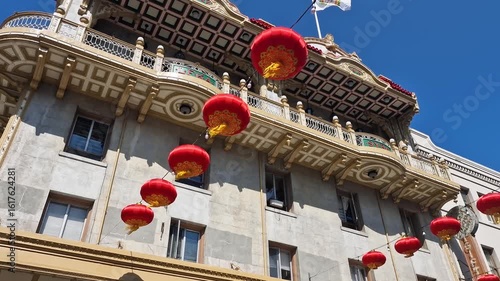 Chinatown in San Francisco USA, Authentic Building and Red Lanterns on Sunny Day