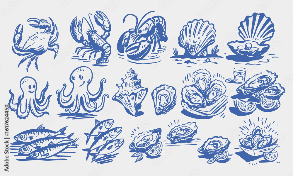 © xue - Hand drawn different mediterranean food set. Oysters, Starfish, octopus, crab, lobster, conch, scallop, fish. Dolce vita table setting coast food drawings for cafe or restaurant menus design. Doodles