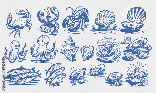 Hand drawn different mediterranean food set. Oysters, Starfish, octopus, crab, lobster, conch, scallop, fish. Dolce vita table setting coast food drawings for cafe or restaurant menus design. Doodles