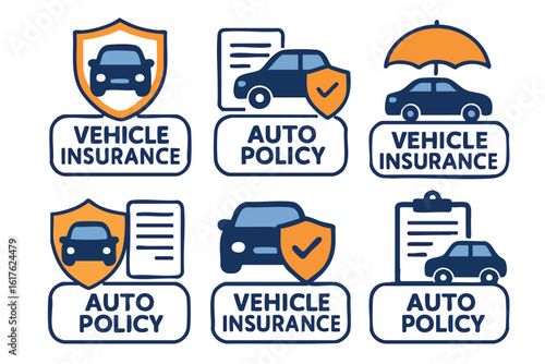 A set of vector illustrations depicting vehicle insurance concepts, including car protection, policy documents, and umbrella coverage, perfect for financial and automotive themes.