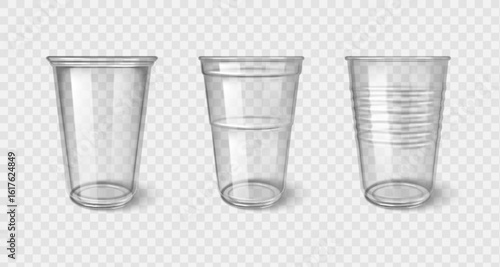 Clear plastic disposable cups collection - transparent drinking vessels with different designs. Empty beverage containers for cold drinks. Recyclable drinkware packaging for commercial branding.