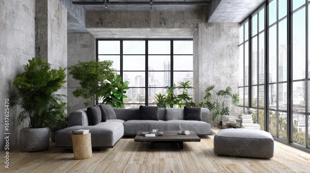 Obraz premium modern loft interior, concrete walls, large windows, minimal furniture, green plants, wooden floor, urban jungle style