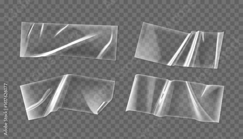 Transparent adhesive tape strips collection - clear plastic scotch pieces with wrinkled, folded edges and realistic light reflections for photo collage mockup design, packaging or stationery graphic