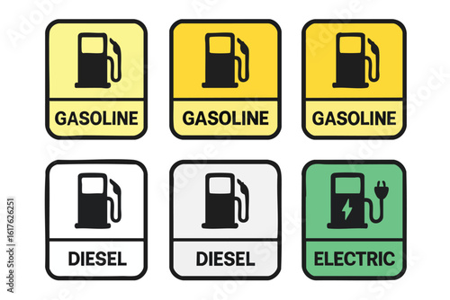 A collection of vector-illustrated fuel and energy station icons, including gasoline, diesel, and an electric charging symbol, suitable for various commercial and informative applications.