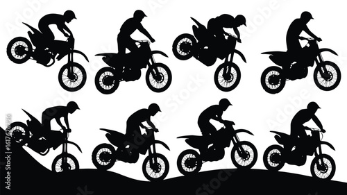 Black Silhouettes of Eight Motocross Riders Performing Tricks and Riding on Undulating Ground
