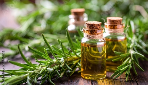 Aromatic rosemary essential oil in small bottles