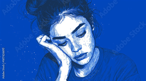 Abstract monochrome illustration of a beautiful woman with a sad, tired expression, representing themes of depression, loneliness, and mental health struggles