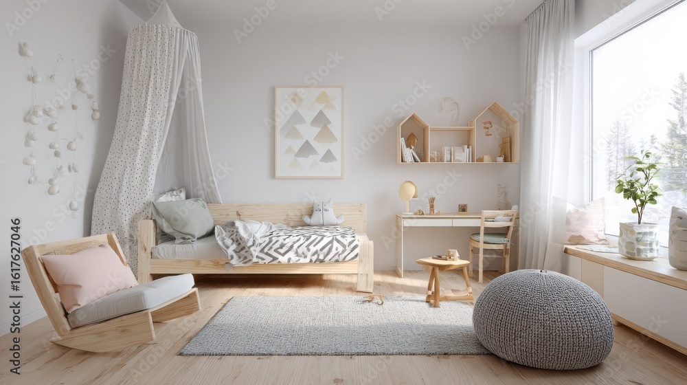 Fototapeta premium scandinavian kids room, light wood furniture, pastel colors, playful decor, soft textiles, cozy atmosphere, clean design, natural light, white walls 