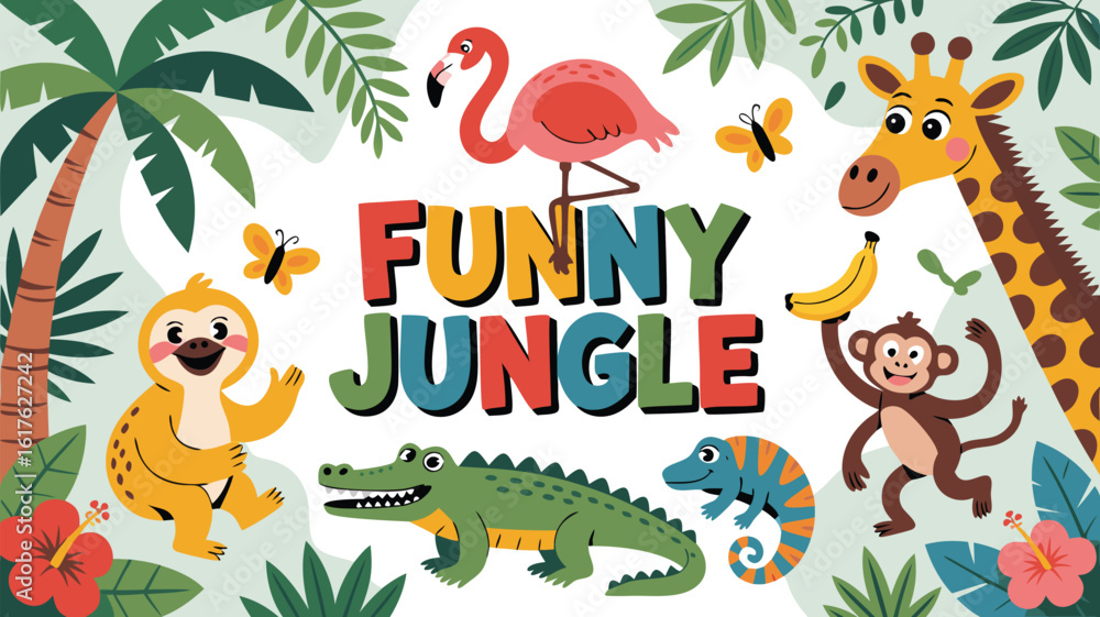 Naklejka premium Cartoon Funny Jungle Animals Illustration Featuring Sloth, Giraffe, Crocodile, Monkey, Flamingo, and Banana