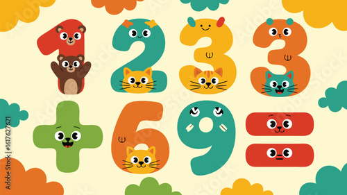 Cartoon Math Symbols with Animals Numbers, Plus, Equals, Cute Learning for Kids