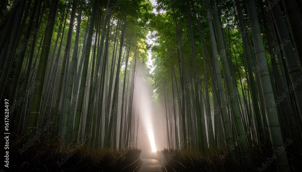 Obraz premium Lush Green Bamboo Grove With Sunlight Streaming Through Tall Trees In Daylight