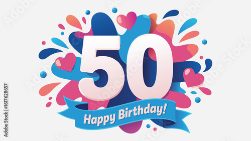 Colorful Fiftieth Birthday Celebration White Numbers, Hearts, Ribbons, and Playful Design Elements for Milestone Anniversary