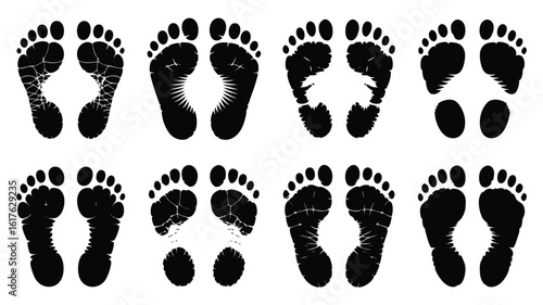 Eight Varied Footprints Black Foot Impressions Depicting Different Textures and Characteristics, Arranged on White Background