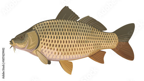 Detailed Illustration of a Scaled Common Carp Fish with Barbels on White Background