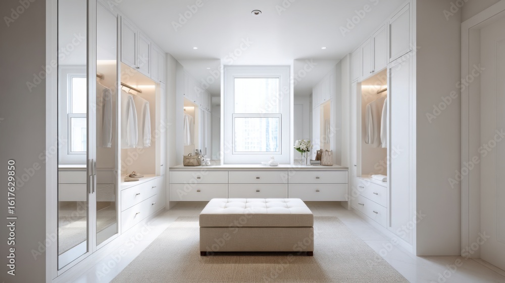 Fototapeta premium walk-in closet, full-length mirrors, soft lighting, minimalist design, white cabinetry, central bench, organized storage, elegant and clean space