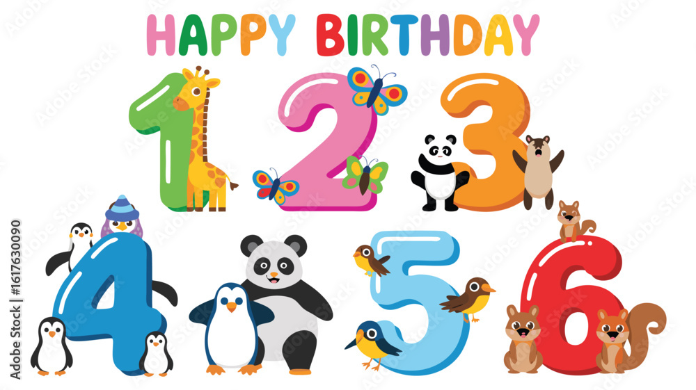 Fototapeta premium Happy Birthday Colorful Numbers One Through Six With Cartoon Animals Illustration Design