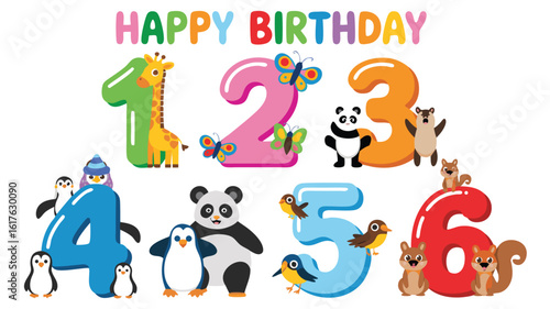 Happy Birthday Colorful Numbers One Through Six With Cartoon Animals Illustration Design