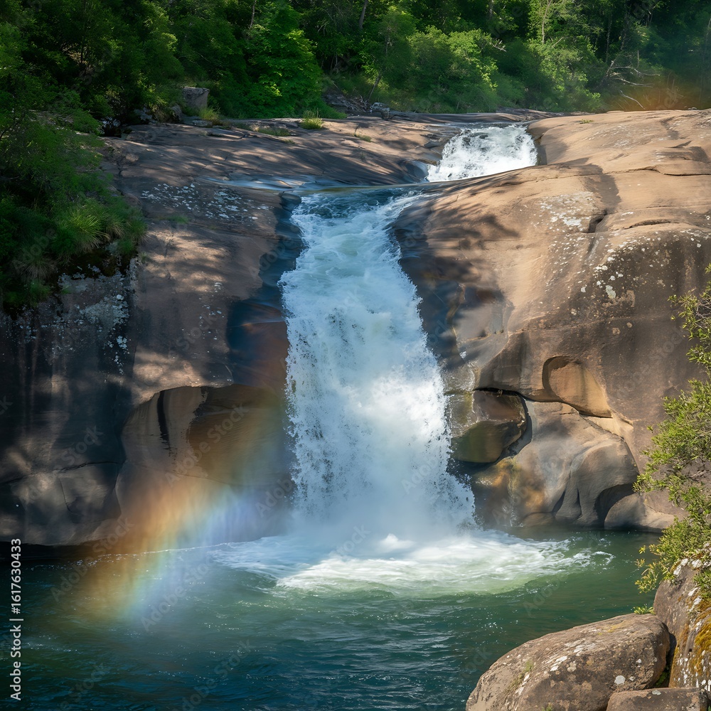 Naklejka premium Cascading Waterfall with Rainbow and Lush Greenery