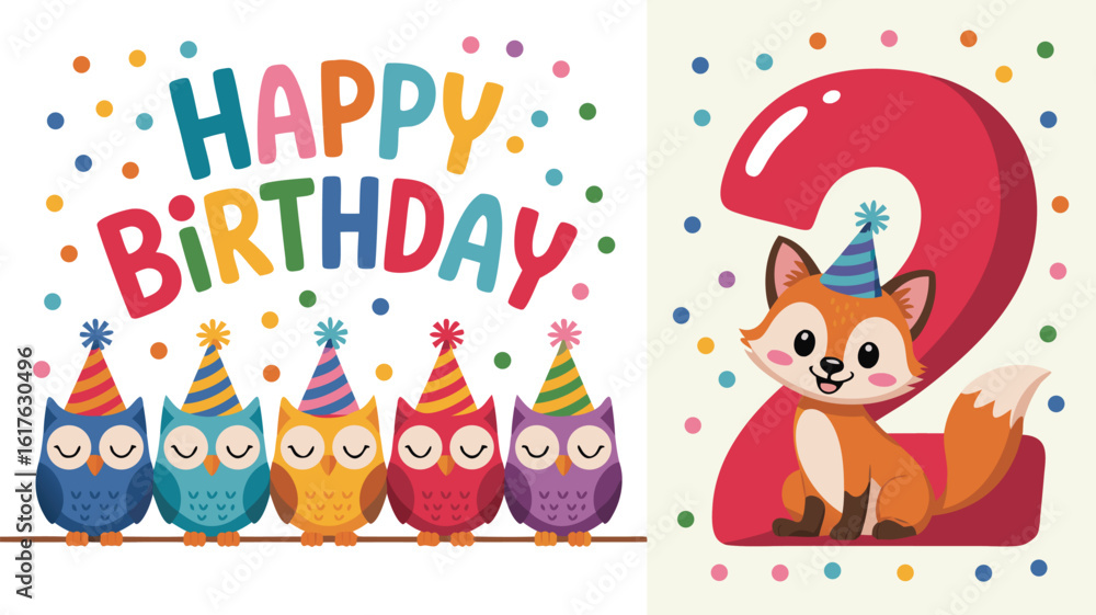 Fototapeta premium Happy Second Birthday Card Featuring Cartoon Owls with Party Hats and a Fox with Number Two