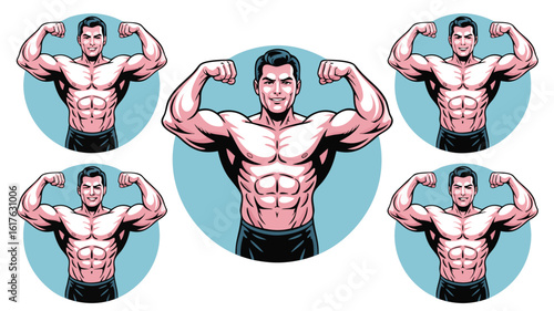 Multiple Bodybuilders Flexing Muscles on Blue Background Illustration, Fitness Training and Health Concept