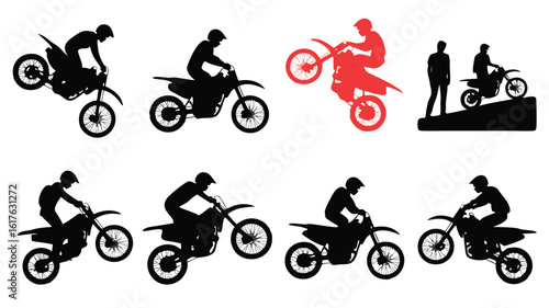 Silhouette of Motorcross Riders Performing Tricks and Stunts on Motorcycles, Red and Black Figures