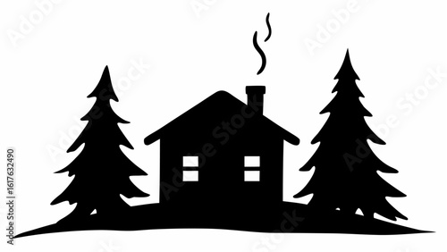 Silhouette of a cozy house with smoking chimney flanked by two pine trees on a snowy landscape scene