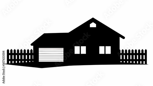 Silhouette of a house with a garage door and a picket fence on either side of the building image