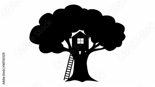Silhouette of a tree with a treehouse and ladder against a white background in black and white style