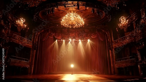 Empty stage of an ornate theatre with spotlights
