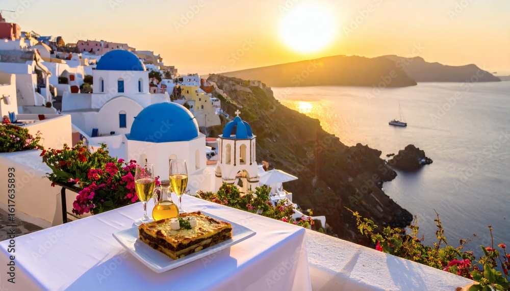Fototapeta premium Greek moussaka served with olive oil and feta, overlooking the blue-domed churches and white buildings of Santorini at sunset