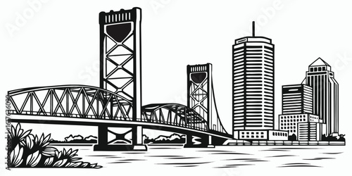 Jacksonville Skyline Vector: Main Street Bridge, Bank of America Tower, St. Johns River