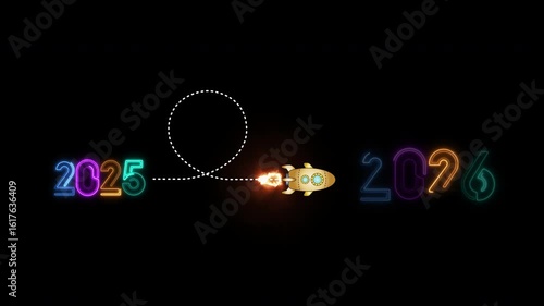 Wallpaper Mural Animated neon numbers transitioning from 2025 to 2026 with a flying rocket on transparent background. Symbolizes future progress, new year startup goals, business plans, and growth. Torontodigital.ca