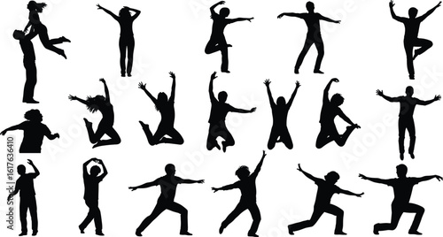 Silhouette dance poses, energetic movements, diverse dancing styles, vector illustration, black figures, performance art, choreography concept, modern dance, freedom