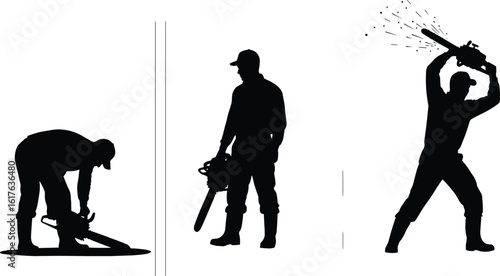 Silhouette of industrial workers cutting wood with chainsaws, construction labor, sparks flying, heavy equipment, safety gear, manual outdoor work