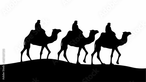 Silhouette of three camels with riders traversing a sandy landscape under a bright white sky at daytime