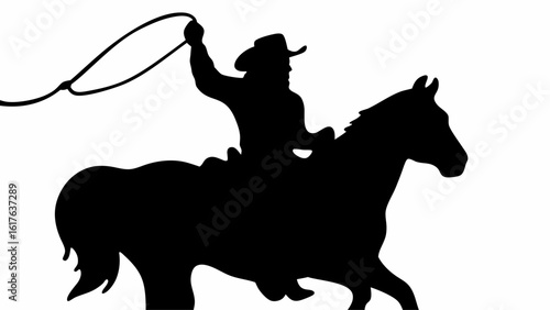Silhouette of a cowboy riding a horse with a lasso raised in the air against a white background image