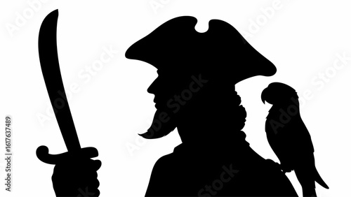 Silhouette of a pirate with a parrot perched on his shoulder holding a sword in his hand in black and white