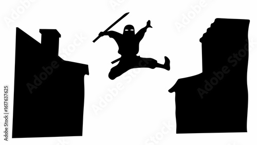 Silhouette of a ninja jumping between buildings with a sword in hand against white background scene