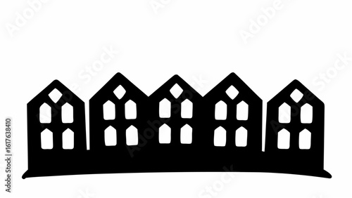 Silhouette of five gothic style buildings with pointed roofs and window details in black and white design
