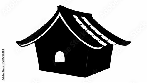 Illustration of a black birdhouse with a curved roof and a small arched entrance in a simple style