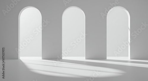 Architectural rendering of a bright, empty space with a podium and arched wall details.

