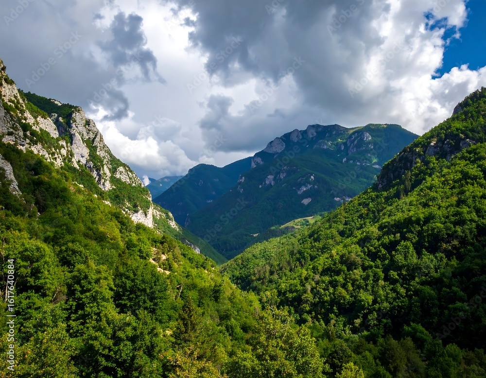 Naklejka premium Lush mountain valley under a partly cloudy sky